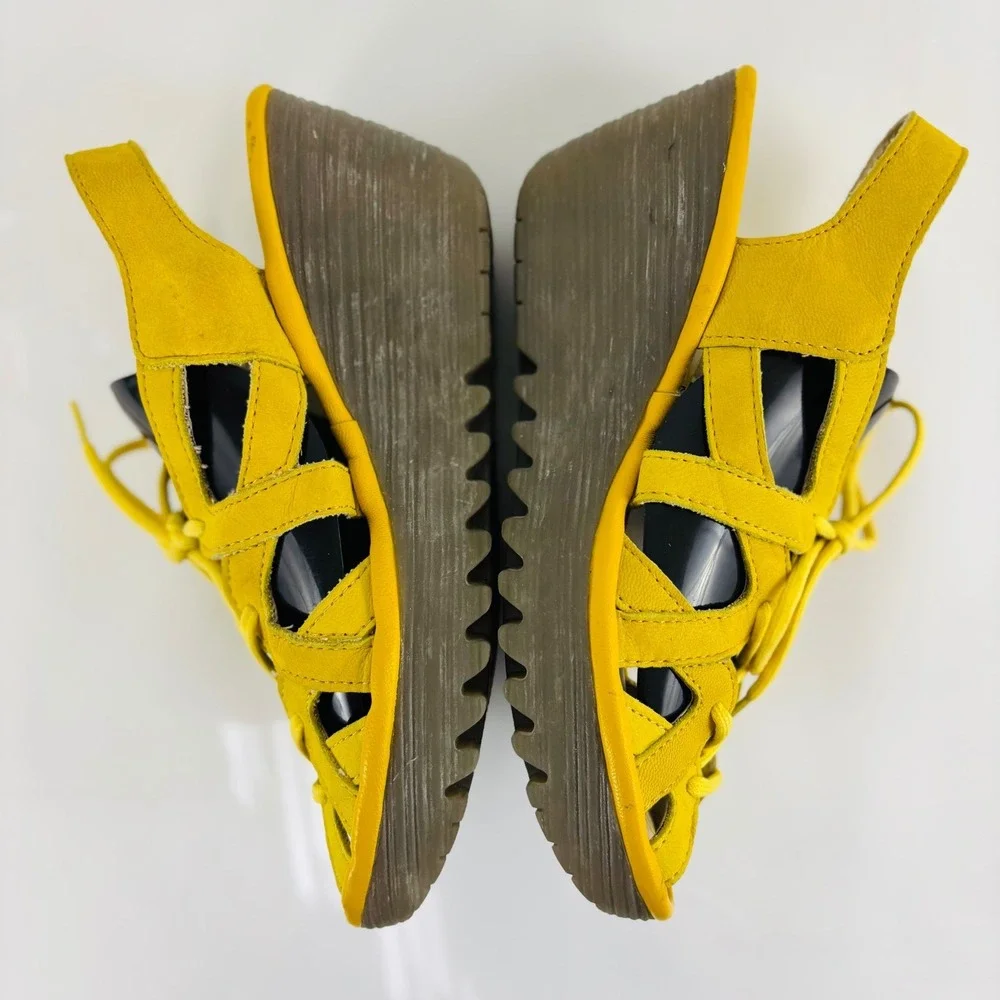 Fly London Yapi Lemon Yellow Leather Lace up Wedge Sandal‎ Sz 6 (36)
